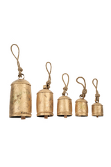 Set of five brass bells with ropes on a white background