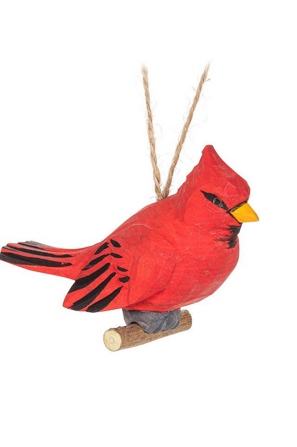 Carved Cardinal On Branch Ornament