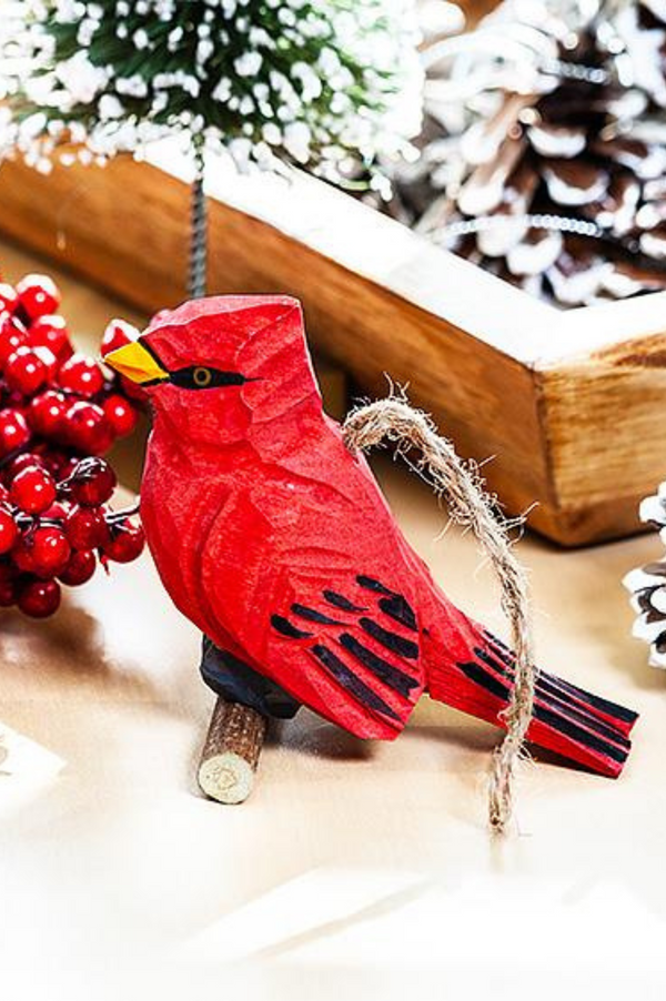 Carved Cardinal On Branch Ornament