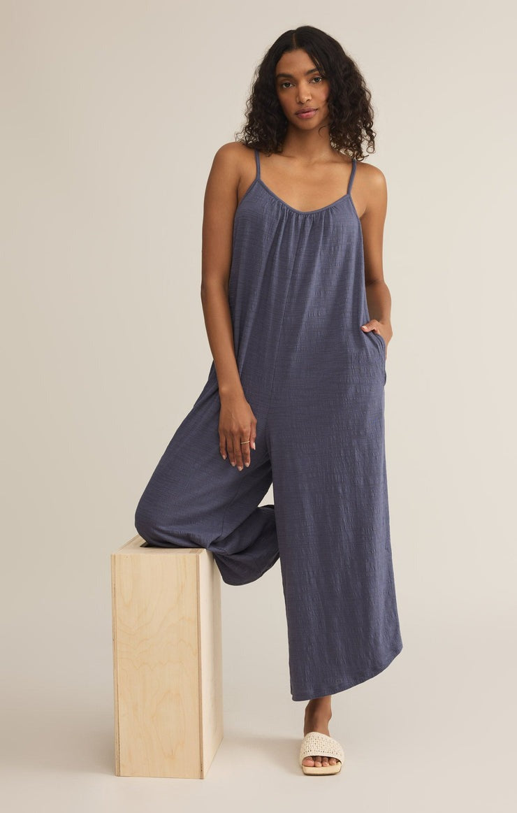 Textured Flared Jumpsuit | Worn Blue