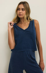 Sloane V-Neck Jersey Denim Tank Top | Indigo