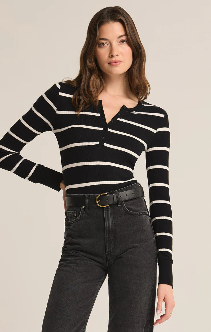 Scarlett Rib Stripe Henley | Black