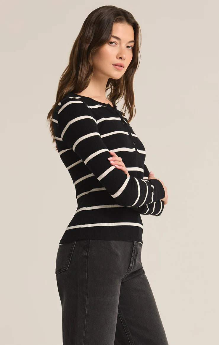 Scarlett Rib Stripe Henley | Black