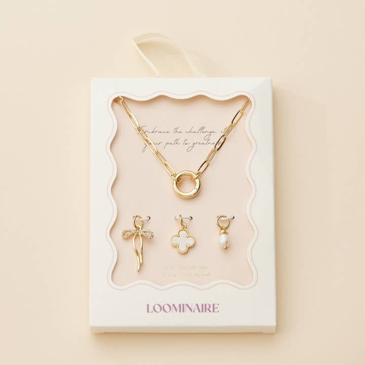 Gold Charm Necklace Set | Bow, Clover, Pearl