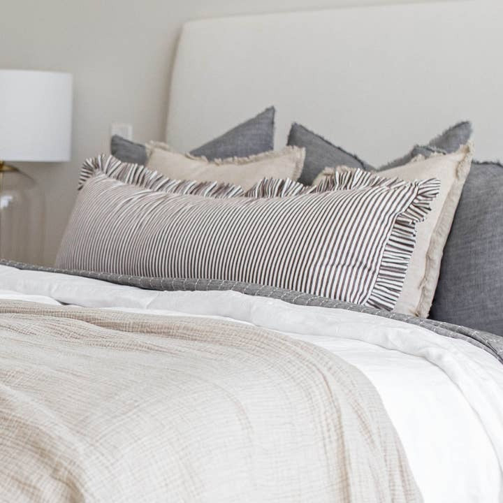 Ruffle Bolster Pillow | Brown & White Stripes