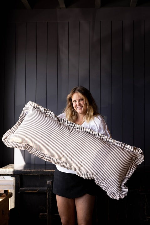 Ruffle Bolster Pillow | Brown & White Stripes