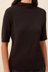 Funnel Neck Elbow Sleeve Top | Black