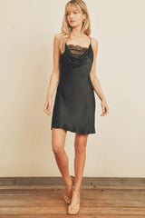 Satin Lace Cowl Neck Slip Dress | Black