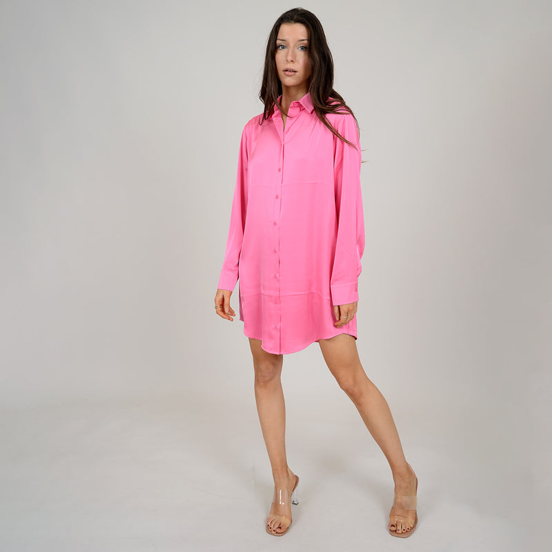 Penelope Satin Shirt Dress | Bright Pink - FINAL SALE