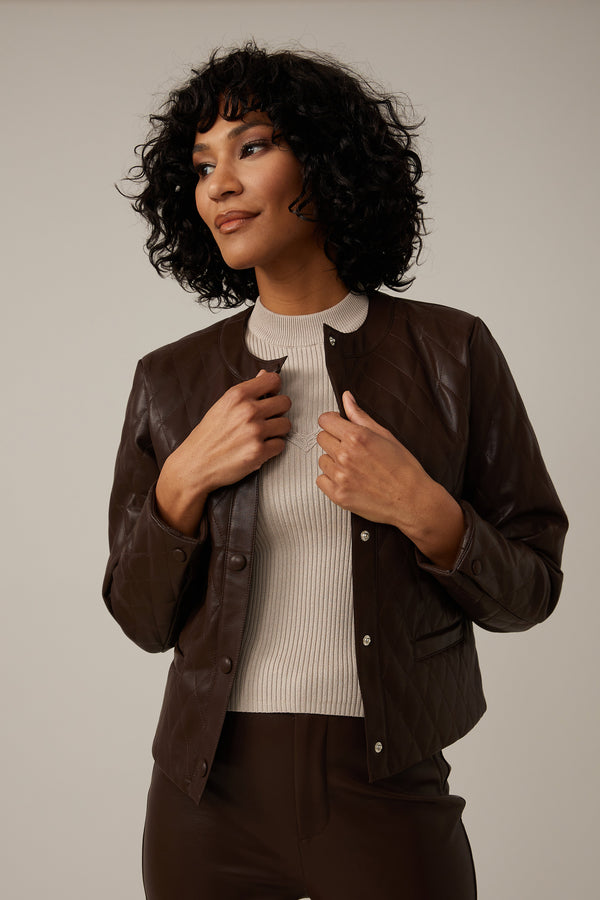 Vegan Leather Quilted Jacket | Chocolate - FINAL SALE