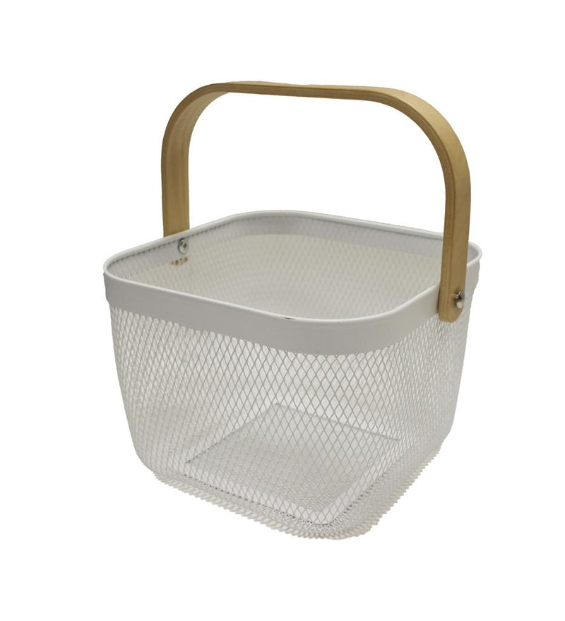 Wood Handled Square Basket | White