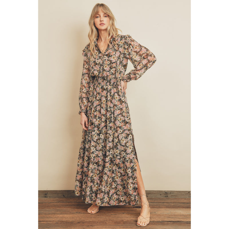 Floral Ruffled Shoulder Maxi Dress | Nightly Bloom - FINAL SALE